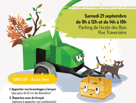 Affiche illustrant le broyage des déchets verts et indiquant les horaires et lieux de l'opération