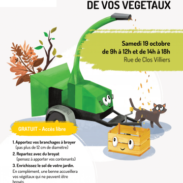 Affiche illustrant le broyage des déchets verts et indiquant les horaires et lieux de l'opération
