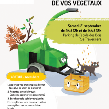 Affiche illustrant le broyage des déchets verts et indiquant les horaires et lieux de l'opération